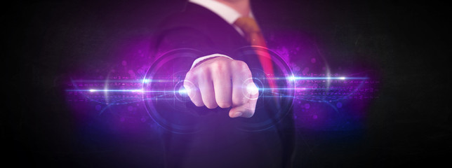 Business man holding future technology data system network