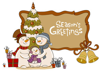 Family of the snowman near to a Christmas fur-tree