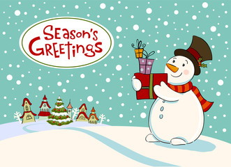 Snowman with gifts, Vector Greeting card