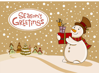 Snowman with gifts, Vector Greeting card