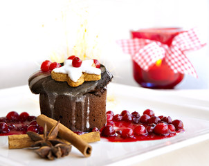 Christmas molten lava cake dessert or dark chocolate souffle