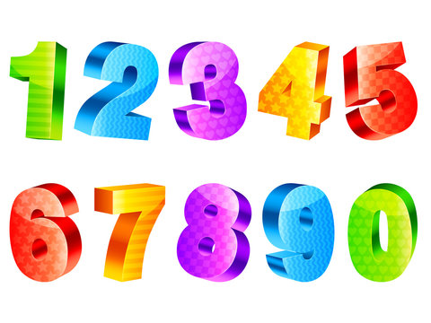 Collection of 10 colorful three-dimensional numbers.