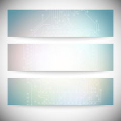 Set of horizontal banners. Microchip backgrounds, electronics