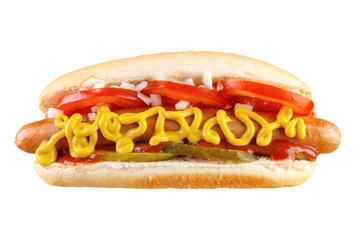 Hot dog with cucumber and tomato , isolated