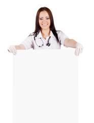 Woman doctor with placard. Isolated.