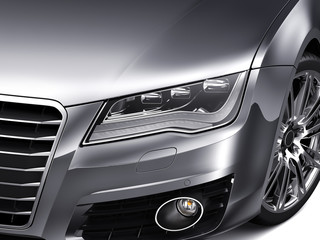 Headlights and hood of luxury silver car