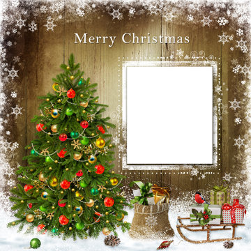 Christmas greeting card with Christmas tree and gifts