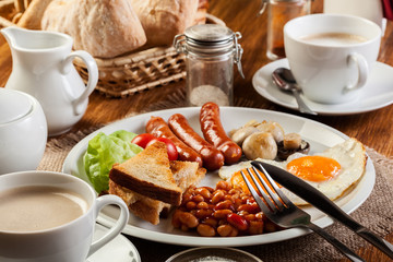 English breakfast with sausage