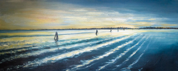 Venice lagoon at sunset painted by oil on a canvas.
