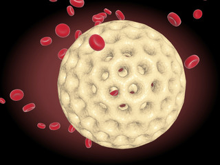 Fat cell against a background of blood cells. Raster