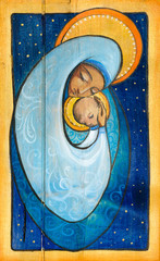 Madonna and infant Jesus painted on a wood. - obrazy, fototapety, plakaty