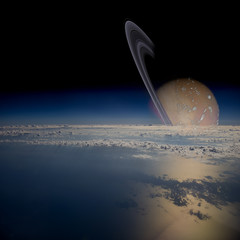 View from a satellite in orbit around a ringed planet. © marcel