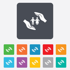 Couple life insurance sign icon. Hands protect.