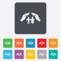 Couple life insurance sign icon. Hands protect.