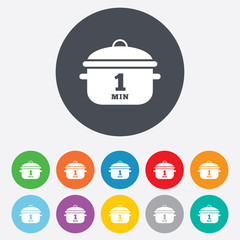Boil 1 minute. Cooking pan sign icon. Stew food