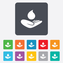 Save water sign. Hand holds water drop symbol