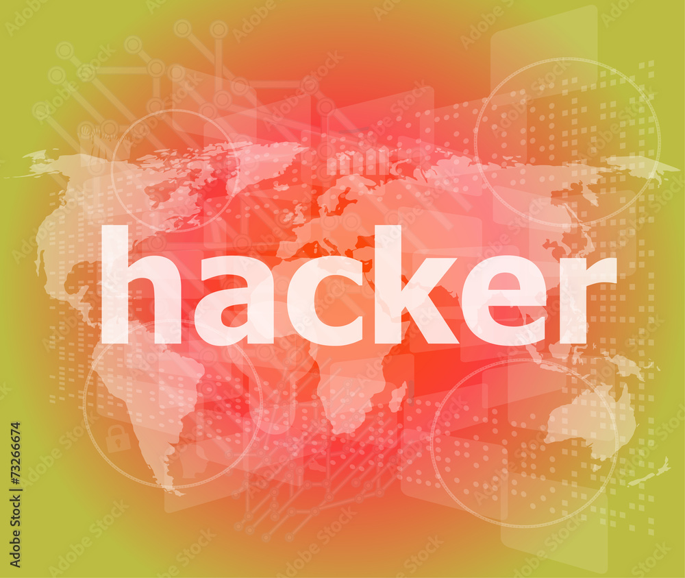 Poster privacy concept: words hacker on digital background
