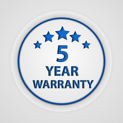 Five year warranty circular icon on white background