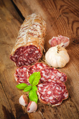 Sausage salami in a rural setting