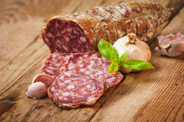Sausage salami in a rural setting
