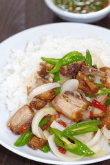 fried basil leaf with crispy pork and rice