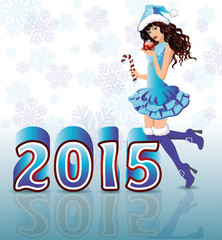 Happy New 2015 Year card with Santa girl, vector