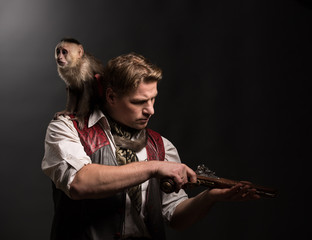 Mature man adventurer with his monkey companion
