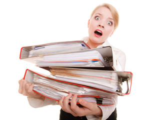 Business woman holding stack of folders documents