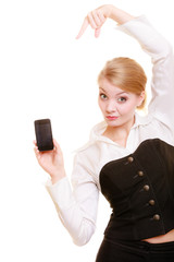 Fototapeta premium Communication. Businesswoman showing cell phone