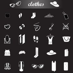 Women clothes icon set, vector illustration. Woman clothes icon isolated on black background