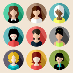 Set of round flat icons with women.