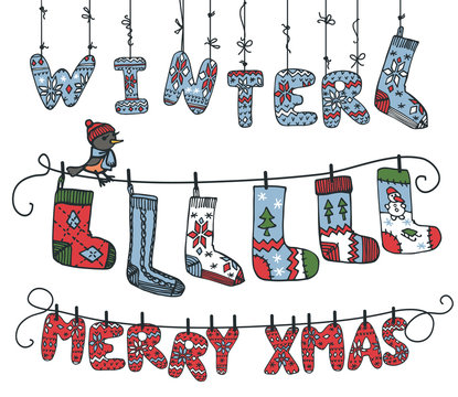 Winter knitted letters,birdl,socks