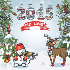 Christmas greeting card.Funny forest,knitted figures