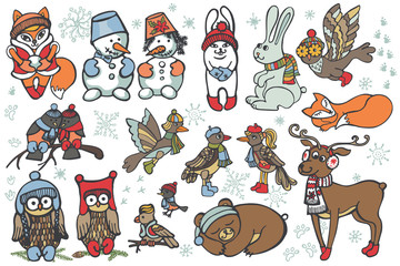 Christmas animals set.Funny forest.Winter