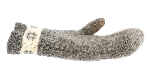 Old gray frayed mitten isolated