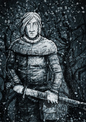 Воин с мечом ночью в лесу