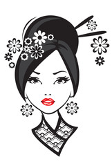 Black and white illustration of elegant Japanese woman.
