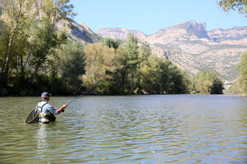 Fly fisherman fishing in spanish river