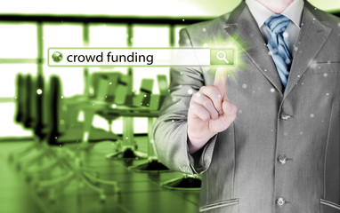 Businessman and crowd funding in search bar
