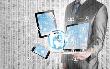 Business man using tablet PC and smartphone social connection
