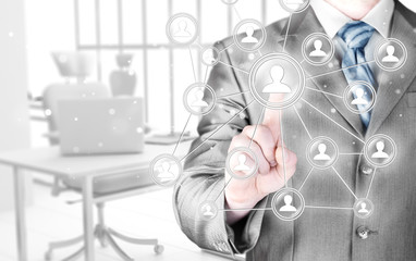 man hand pressing social media icon