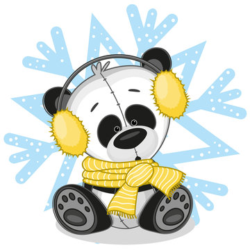 Panda in a fur headphones