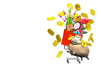 Sheep, New Year's Ornaments, Shopping Cart On White Text Space