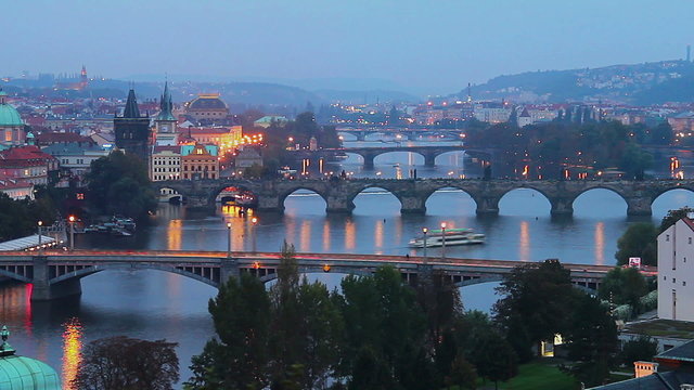 Prague bridges day to night time-lapse, Czech city view