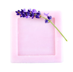 Bar of natural soap with fresh lavender isolated on white