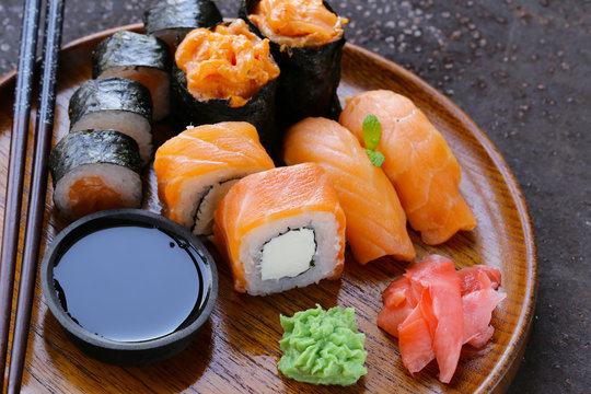 menu of assorted sushi with salmon -  Japanese cuisine