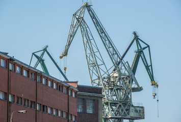 Fototapeta na wymiar Shipyard cranes also called portal cranes in Gdansk, Poland