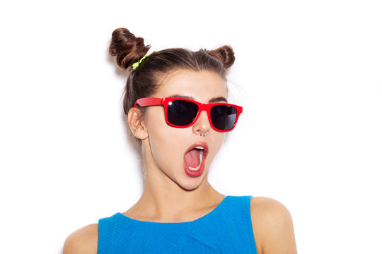 Surprised Beauty  Brunette Woman in sunglasses