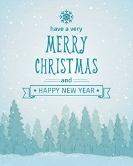 Vintage winter forest landscape. Merry Christmas card