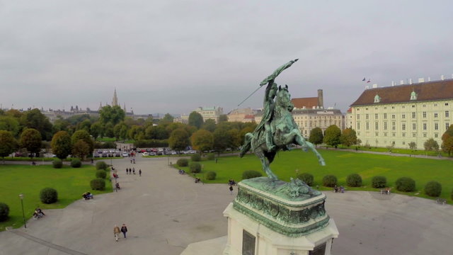 Hero's square Heldenplatz in Vienna city, horse rider green park